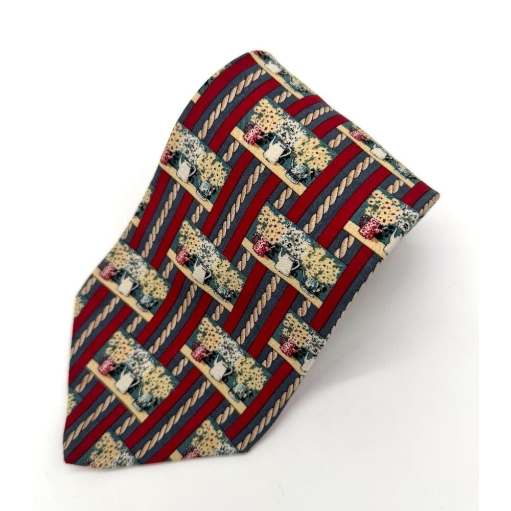 Vintage Bob Timberlake Collection Silk Tie Red Blue Stripes Flower Pots Pitcher